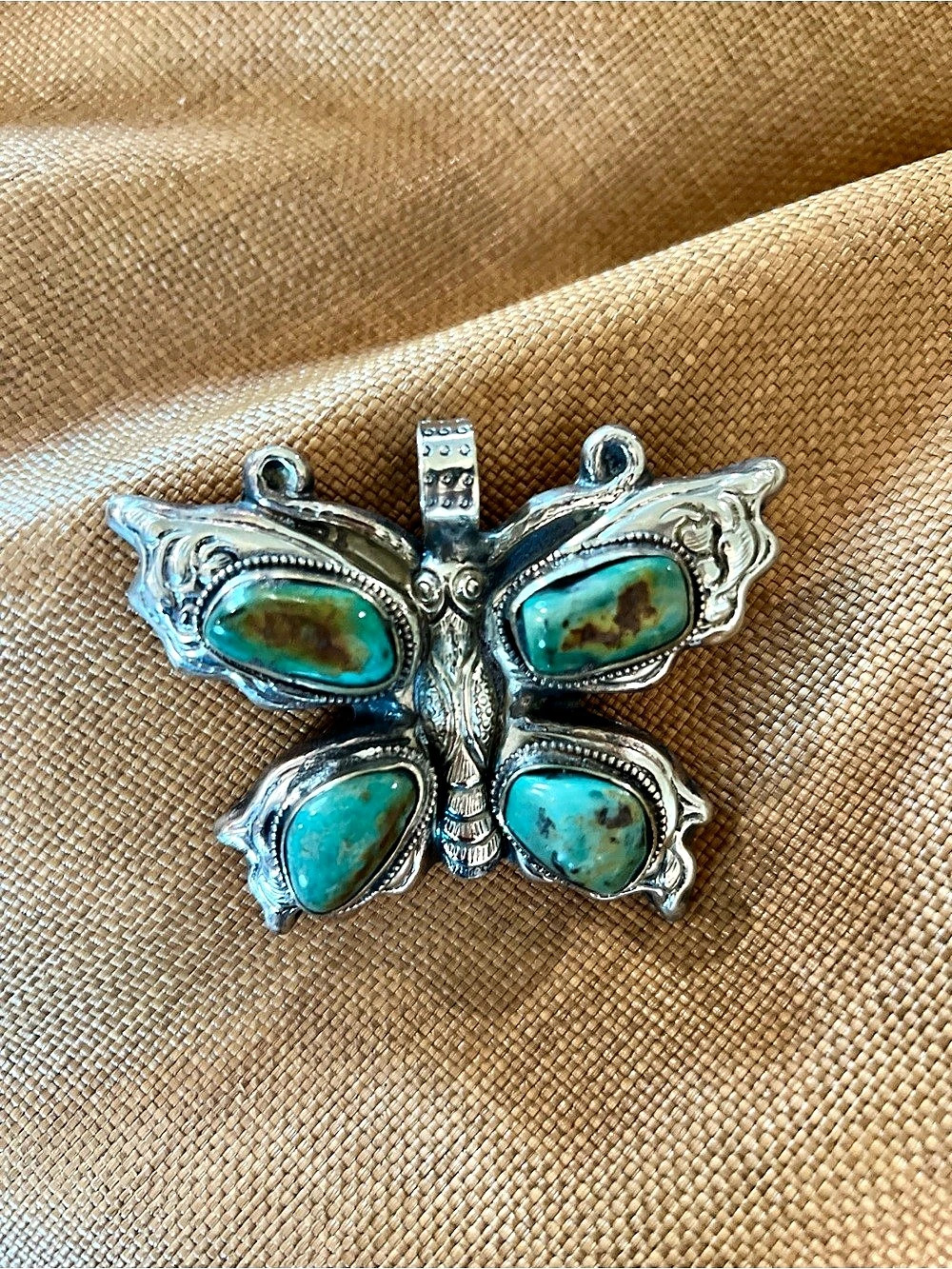 Handcrafted Tibetan Silver and Turquoise Large 3” Butterfly Pendant